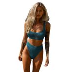 DEEP BEACH Dokulu özel kumaşlı Bikini Takım DB200785BT PETROL MAVİ 38