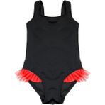 Deep Beach Siyah Kırmızı Fırfır Detaylı Kız Çocuk Mayo DB200618CM - 9 - 10 Yaş - Siyah - Kırmızı