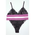 Deep Secret Siyah Pembe Çizgili Lastikli Full Dantel Bralet Takım DS20095BRT - L - Siyah - Pembe