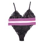 Deep Secret Siyah Pembe Çizgili Lastikli Full Dantel Bralet Takım DS20095BRT - XL - Siyah - Pembe