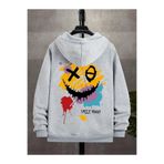Deep sense Erkek Gri Kapüşonlu Fermuarlı Oversize Sweatshirt Kışlık Okul Hırkası Şardonlu Baskılı