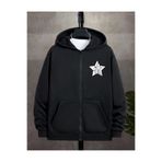 Deep sense Erkek Siyah Kapüşonlu Fermuarlı Oversize Sweatshirt Kışlık Okul Hırkası Şardonlu Baskılı