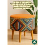 DEEPHOME DH Albatros Retro Gürgen Ahşap Ayaklı Dekoratif Etnik Üst Turuncu Desenli Silindir Puf Bench Koltuk
