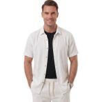Deepsea Beyaz Slim Fit Çizgi Dokulu Keten Görünümlü Kısa Kol Erkek Spor Gömlek 2602648 - 2XL