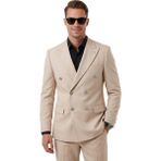 Deepsea Erkek Bej Slim Fit Kruvaze Takım Elbise Likralı Çizgili Dokulu Metal Düğmeli 2600820 - 6 Drop - 54