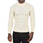 DeepSEA Erkek Bej Yarım Balıkçı Yaka Kazak Çizgi Desenli Tüylenmeyen Slim Fit Triko 2505491