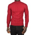 DeepSEA Erkek Bordo Slim Fit Likralı Tam Balıkçı Yaka Çizgili Boğazlı Kazak 2505504