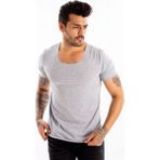 DeepSEA Erkek Gri Slim Fit %90 Pamuk Açık Yaka Oval Kesim Likralı Basic Tişört 1801199 - XL