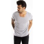 DeepSEA Erkek Gri Slim Fit %90 Pamuk Açık Yaka Oval Kesim Likralı Basic Tişört 1801199