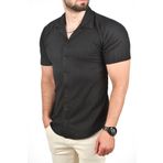 DeepSEA Erkek Siyah Slim Fit Pamuklu Apaş Yaka Kısa Kol Penye Gömlek Dokulu Jakar Kumaş Dar Kesim Spor Gömle