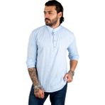 Deepsea Yarım Düğmeli Çizgi Desenli Hakim Yaka Flamlı Keten Uzun Kollu Erkek Gömlek 2201914 - 4XL - Mavi
