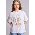 DeFacto %100 Pamuk SpongeBob Oversize Bisiklet Yaka Kısa Kollu Tişört Kız Çocuk H3481A826HS - Beyaz-WT79 - 11 - 12 Yaş