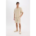 DeFacto 7589AX25SM Bej-BG695 Erkek Pamuk Relax Fit Müslin Cepli Basic Düz Bermuda Şort