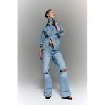 DeFacto Afra x Straight Wide Yırtık Detaylı Yüksek Bel Jean Yıkamalı Pantolon, 34, E8016AX26SM, Mavi, Kadın