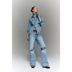DeFacto Afra x Straight Wide Yırtık Detaylı Yüksek Bel Jean Yıkamalı Pantolon, 44, E8016AX26SM, Mavi, Kadın