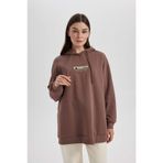 DeFacto B0706AX23WN Kahverengi-BN558 Regular Fit Kapüşonlu Nakışlı Kalın Sweatshirt Bayan Tunik