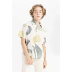 Defacto B6114 Ekru Erkek Çocuk Oversize Geniş Kalıp Polo Yaka Desenli Kısa Kollu Gömlek