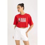 Defacto B9975 Kırmızı Defactofit Nba Wordmark Oversize Geniş Kalıp Bisiklet Yaka Kısa Kollu Crop Tişört