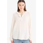 DeFacto Bağcıklı Yaka Gofre Dokulu Uzun Kollu Bluz Tunik, 3XL, E7968AX25SMWT47-1013002, Kırık Beyaz, Kadın