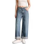 DeFacto Baggy Fit Yüksek Bel Katlamalı Paça Jean Yıkamalı Pantolon, 40, E9134AX26SP, Mavi, Kadın
