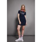 DeFacto Bodycon Vücuda Oturan Bisiklet Yaka Baskılı Fitilli Kaşkorse Kısa Kollu Mini Siyah Elbise D4502AX24AU - Lacivert-NV241