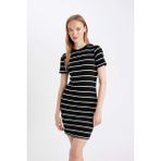 DeFacto Bodycon Vücudu Saran Bisiklet Yaka Çizgili Fitilli Kaşkorse Kısa Kollu Mini Elbise D5987AXNS - Siyah-BK81 - XL