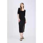 DeFacto Bodycon Vücudu Saran Kare Yaka Yırtmaçlı Basic Bürümcük Yarım Kol Siyah Midi Elbise E0885AX25SP - Siyah-BK81