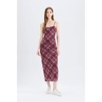 DeFacto Bodycon Vücudu Saran Kareli Tül Askılı Maxi Elbise D5034AX25SP - Bordo-BR248