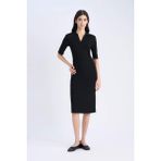 DeFacto Bodycon Vücudu Saran Polo Yaka Fitilli Kaşkorse Kısa Kollu Midi Elbise E6806AX25SP - 2XL - Siyah-BK27