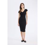 DeFacto Bodycon Vücudu Saran V Yaka Fitilli Kaşkorse Kısa Kollu Midi Elbise E7368AX25SP - Siyah-BK81
