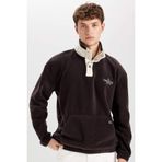 DeFacto Boxy Fit Çıtçıtlı Dik Yaka Nakışlı Polar Sweatshirt, S, D2029AX24WN, Kahve-BN337, erkek