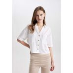 DeFacto Boxy Fit Keten Karışımlı Kısa Kollu Gömlek, M, V2523AZ24SM, Beyaz-WT34, Kadın