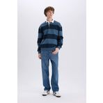 DeFacto Boxy Fit Polo Yaka Çizgili Sweatshirt İndigo S