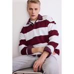 DeFacto Boxy Fit Polo Yaka Çizgili Sweatshirt, S, G5091AX25WN, Bordo-BR194, erkek