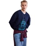 DeFacto Boxy Fit V Yaka Baskılı Sweatshirt, M, G6473AX25WN, Lacivert-NV253, erkek
