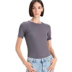DeFacto C0097AX25AU GR448 Gri Slim Fit Bisiklet Yaka Basic Düz Fitilli Kaşkorse Kısa Kollu Kadın Tişört