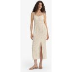 DeFacto C0960AX25SM Bej Bodycon Vücudu Saran Kalp Yaka Çiçek Desenli Maroken Askılı Midi Elbise