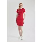 DeFacto C1503 Kırmızı Coool Bodycon Vücudu Saran Bisiklet Yaka Fitilli Kaşkorse Kısa Kollu Mini Elbise