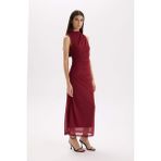 DeFacto C3519AX24AU Bordo BR248 Bodycon Vücudu Saran Yarım Balıkçı Yaka Basic Tül Maxi Abiye Elbise
