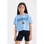 Defacto C4823 Mavi Kız Çocuk Looney Tunes Bisiklet Yaka Kısa Kollu Crop Tişört