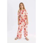 Defacto C5373 Kırmızı Kız Çocuk Wide Leg Geniş Bol Paça Çiçekli Beli Lastikli Bürümcük Pantolon