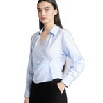 DeFacto Çizgili Bengalin Uzun Kollu Gömlek, L, F9765AX26SP, Mavi-BE791, Kadın