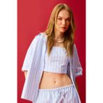 DeFacto Coool Oversize Çizgili Poplin Kısa Kollu Gömlek, L, D3835AX24HS, Mavi-BE196, Kadın