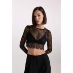 DeFacto Crop Bisiklet Yaka Dantel Uzun Kollu Bluz, S, E0210AX24AU, Siyah-BK81, Kadın