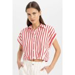 DeFacto Crop Çizgili Kısa Kollu Poplin Gömlek, XL, C8748AX24SM, Kırmızı-RD117, Kadın