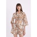 DeFacto Crop Desenli Vual Yarım Kollu Bluz Kahverengi, L, D2973AX24SM, Kahve-BN330, Kadın