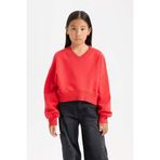 Defacto Cropped Fit V Yaka Basic Düz Sweatshirt Kız Çocuk, 11-12 Yaş, D7047A824WN, Kırmızı-RD348, kız-çocuk, 11/12 Yaş (152cm)