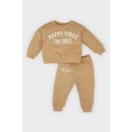 DeFacto D7907 Bej Erkek Bebek 2'li Takım Bisiklet Yaka Baskılı Sweatshirt Beli Lastikli Eşofman Altı