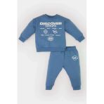Defacto D7922 Mavi Erkek Bebek 2'Li Takım Baskılı Sweatshirt Beli Lastikli Eşofman Altı