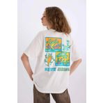 DeFacto D9153 Beyaz Keith Haring Oversize Geniş Kalıp Bisiklet Yaka Sırt Baskılı Kısa Kollu Tişört